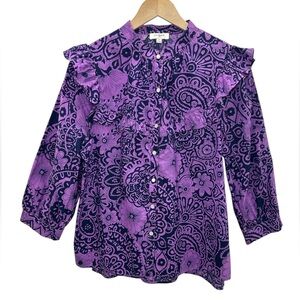 Umgee Paisley Ruffle Western Pearl Snap Blouse Purple Boho Eclectic Vibrant Med